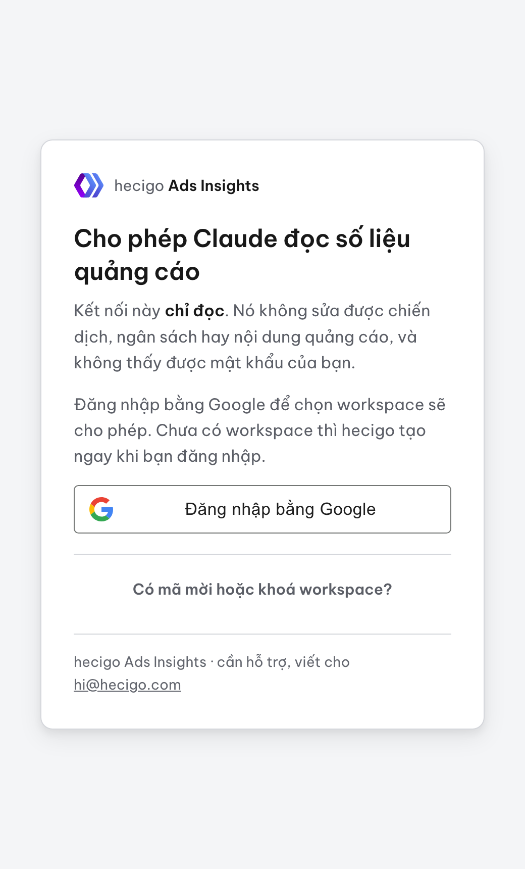 Trang của hecigo khi trợ lý kết nối lần đầu, chưa đăng nhập. Chụp từ ads.hecigo.com.